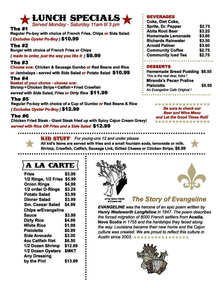 Evangeline Cafe Lunch Specials Menu